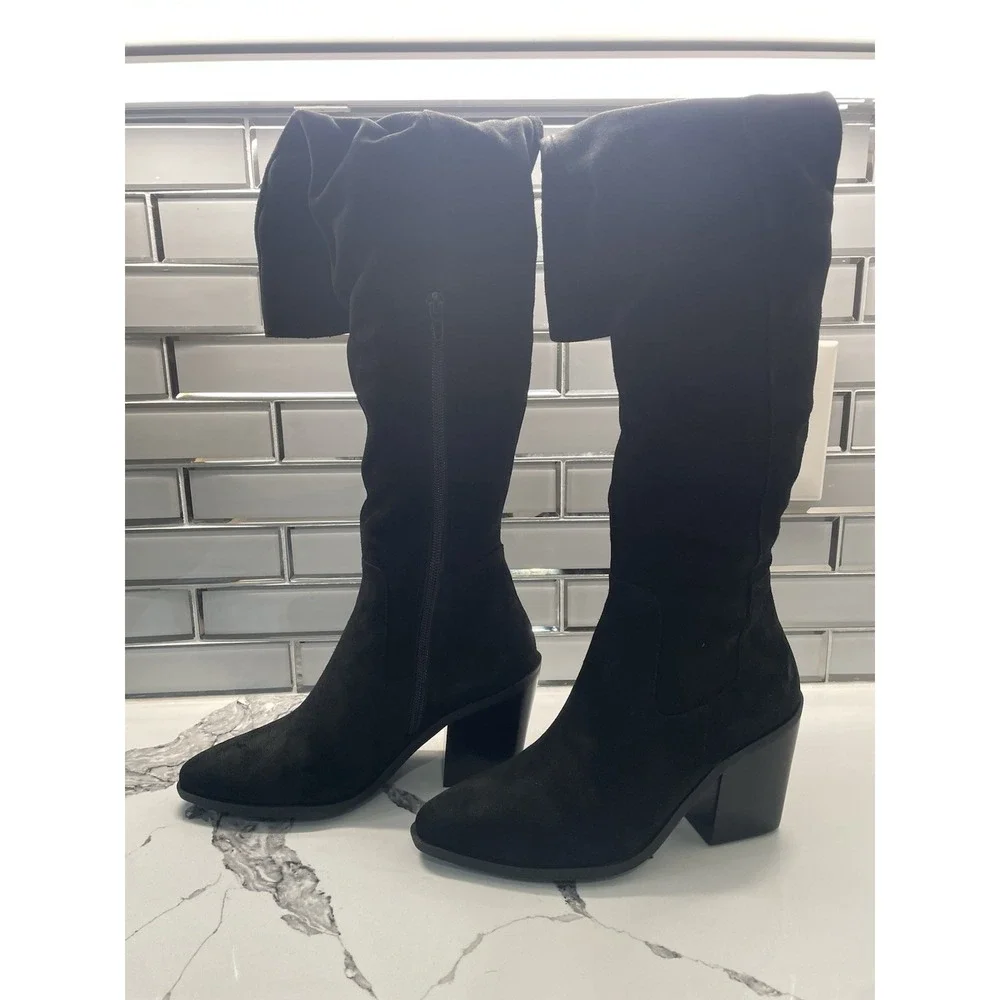 Lisa Vicky Knockout-V Black Split Suede Tall Platform Heel Boots Size 6‎ NIB